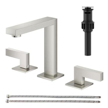 Imagem de RUMOSE Torneiras de banheiro de níquel escovado generalizadas de 20 cm para pia 3 furos de aço inoxidável 2 alças torneira quadrada moderna RV torneiras de banheiro com ralo pop-up torneira de vaidade