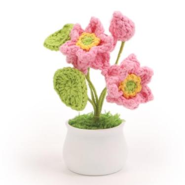 Imagem de Solarfun feito à mão em vaso de lótus de crochê – arte de fio Amigurumi, mini planta decorativa, decoração de mesa de escritório em casa, presente para colegas de trabalho e professores, rosa
