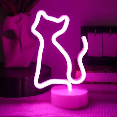 Imagem de Placa neon de LED de gato rosa com base - luz neon alimentada por bateria para decoração de parede, mesa, quarto, festa, casamento e quarto de meninas