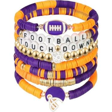 Imagem de KLSKLYL 【Conjunto de 8 peças de pulseiras Super Bowl】 Pulseiras com tema esportivo para dia de jogo – Conjunto de miçangas unissex de futebol, basquete, vôlei e beisebol, One Size, Argila de polímero
