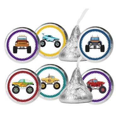 Imagem de Adesivos Truck Kisses - Adesivos redondos de festa temática de carro monstro lembrancinhas para crianças corridas de aniversário, etiquetas de chá de bebê para doces de chocolate - 150 etiquetas