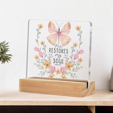 Imagem de Placa de acrílico cristã de borboleta rosa com suporte de madeira, presentes cristãos para mulheres, decorações de mesa motivacionais, presentes inspiradores para mulheres, homens, amigos, colegas de