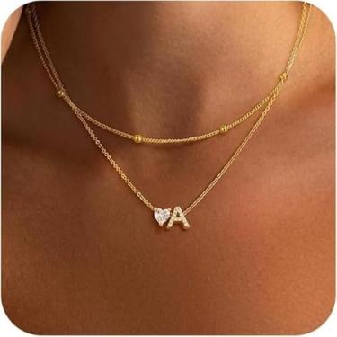 Imagem de Colar com pingente de letra de camada dupla com pingente de coração para mulheres, pingente delicado do alfabeto, joia personalizada para uso diário, One Size, Metal, Sem Pedra Preciosa