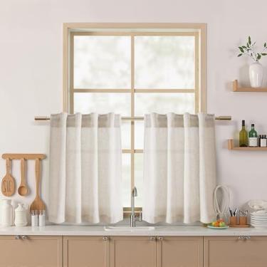Imagem de Nanspring Cortinas de linho bege para janelas de cozinha sobre a pia – Cortina de café semitransparente com aba traseira e bolso para varão, cortinas rústicas para casa de banho, 2 painéis 66 x 61 cm