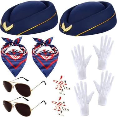 Imagem de JehaYu 12 peças de fantasia de comissária de bordo, acessórios de comissária de bordo, fantasia de aeromoça, chapéu de piloto, cachecol, vestido de óculos de sol para festa feminina