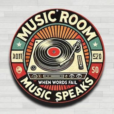 Imagem de Placa de sala de música retrô design de toca-discos vintage rústico alumínio metal redondo placa de parede - 20 cm presentes internos e externos e decoração para casa, escritório, café e quintal