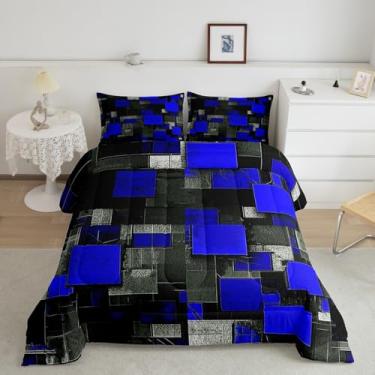 Imagem de Feelyou Conjunto de edredom infantil azul e preto, geométrico, geométrico, para meninos e meninas, arte abstrata, com 1 fronha