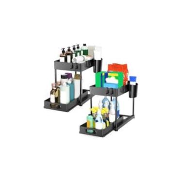 Imagem de Organizador Multiuso 2 Níveis, Metal com Pintura Eletrostática, Preto, Bandeja Corrediça, 40x35x22cm, para Banheiro e Cozinha