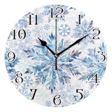 Imagem de ALAZA Relógio de parede branco com flocos de neve azuis, relógio de cozinha operado por bateria, relógio de banheiro de 24 cm, sem tique-taque, redondo, decorativo, relógio de mesa, quarto, sala de