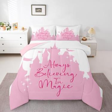 Imagem de Feelyou Conjunto de cama castelo rosa macio para meninos, meninas, princesas, castelo de contos de fadas, edredom de microfibra, mágico, decoração de quarto, 2 peças com 1 fronha