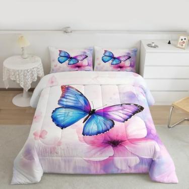 Imagem de Feelyou Conjunto de edredom para meninas, solteiro, roxo e azul, para crianças, meninos, floral, edredom para decoração de quarto, 2 peças com 1 fronha