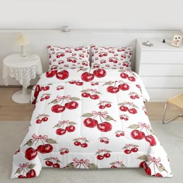 Imagem de Feelyou Conjunto de cama macio de cereja vermelha para meninos e meninas, conjunto de edredom com laço rosa, solteiro, desenho animado, cereja, microfibra, laço fofo, decoração de quarto, 2 peças com