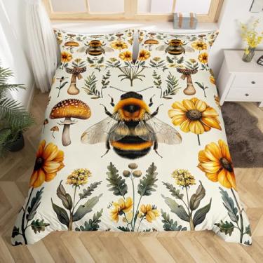 Imagem de Jogo de cama com flores de abelha, animal, cogumelo, abelha, animal, cogumelo, tamanho king, retrô, rústico, amarelo, preto, verde, para decoração de quarto de meninas e meninos (sem edredom)