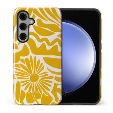 Imagem de Capa compatível com Samsung Galaxy S24, capa rígida híbrida de policarbonato de 2 camadas + capa protetora de silicone, capa à prova de choque geométrica floral amarela resistente a arranhões para