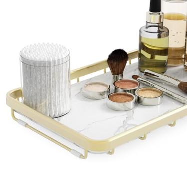 Imagem de Organizador elegante para banheiro, cozinha ou cafeteria, prateleira de metal de 2 camadas com mármore sintético, armazenamento de maquiagem de bancada, prateleira de exibição de perfume de cômoda