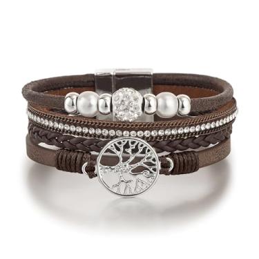 Imagem de Edoneery Pulseira de couro para mulheres, pulseira boho feita à mão com várias camadas com coração de contas de cristal, pulseira empilhável, joia ocidental para presente, PG132-Tree of Life(Brown