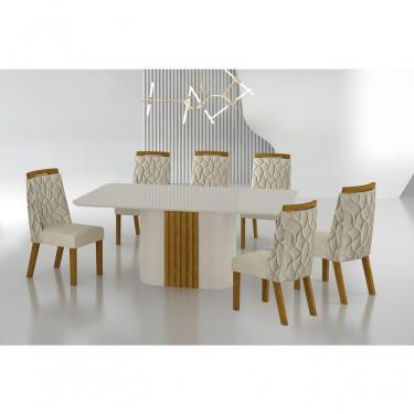 Imagem de Conjunto Sala De Jantar Mesa Com Vidro 180cm Com 6 Cadeiras Pé Madeira Dacota Off White Freijó-off White-joli Palha