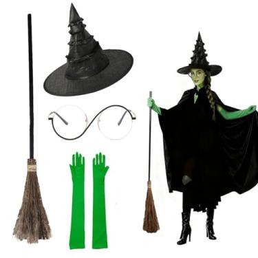 Imagem de YEPDEEK Conjunto de 4 peças de fantasia de bruxa de Halloween, kit de cosplay com chapéu de bruxa, luvas verdes, vassoura e óculos – fantasia de festa malvada para mulheres