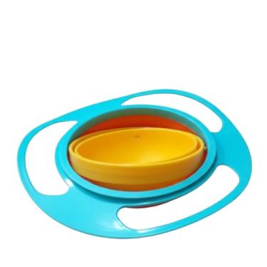Imagem de Prato Mágico Infantil Giratório 360 Graus, Tigela Anti-Derramamento com Alça, Azul e Amarelo, para Bebês e Crianças
