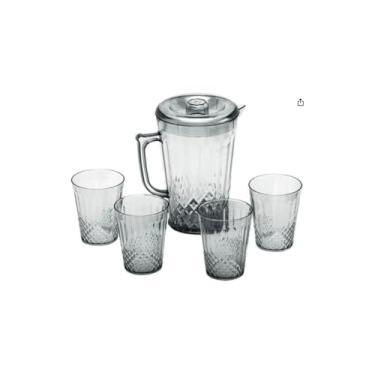 Imagem de Conjunto Jarra com 4 Copos, Acrílico Transparente, Jarra 2000ml com Tampa e Copos 270ml, Design em Relevo, 25cm x 13cm