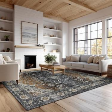 Imagem de Tapetes laváveis 12 x 18 cm para sala de estar, tapete fino para quarto, tapete retrô de lã sintética macia para sala de jantar, antiderrapante e resistente a derramamentos, tapete vintage estampado