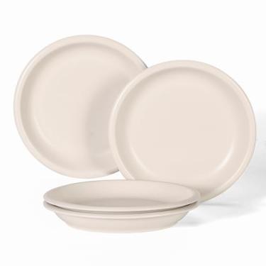 Imagem de GZG Conjunto de 4 pratos de jantar de cerâmica de 26 cm, pratos de grés terracota de esmalte fosco rústico para prato principal e refeições diárias, seguro para micro-ondas e lava-louças (névoa creme)