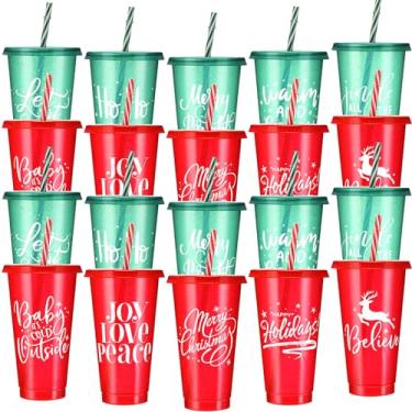 Imagem de Tioncy 20 peças de copos de plástico de Natal com tampas e canudo a granel, copos de plástico reutilizáveis de Natal 740 ml, copos de Natal para suco, café, bebidas frias, suprimentos de festa de