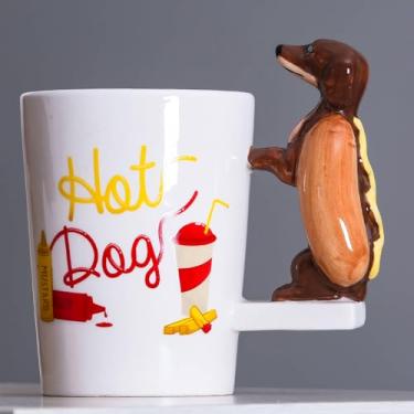 Imagem de Dalekana Caneca de cerâmica para café, chá e água, copo 3D de porcelana criativa com alça de cachorro-quente para casa e escritório, caneca de dachshund de 382 g, 13 cm A
