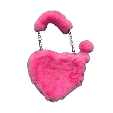 Imagem de Verdusa Bolsa tiracolo feminina Fuzzy Furry Heart Y2K com alça superior, Rosa choque, one_size, Macio