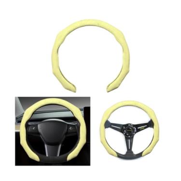 Imagem de Sandfren Capa de volante de carro, couro de camurça esportiva, antiderrapante, 38 cm, acessórios de proteção interna automotiva, ajuste universal (amarelo claro)