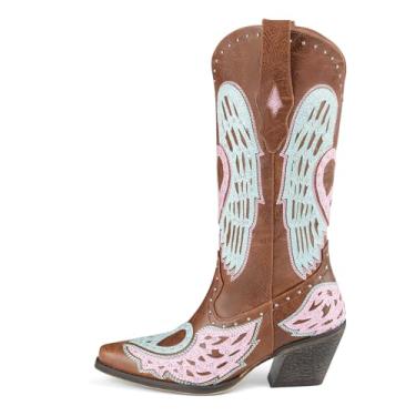 Imagem de Perisis Botas de caubói de panturrilha larga, botas de cowboy ocidentais, retrô, clássicas, bordadas, botas country bordadas, bico fino, salto grosso, vintage, botas de cano alto com strass brilhante