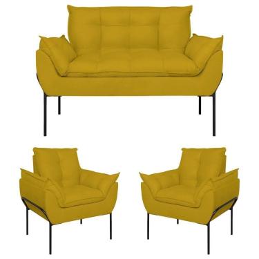 Imagem de Kit 02 Poltronas + Namoradeira Pé Metal Preto Recepção Sala Amarelo