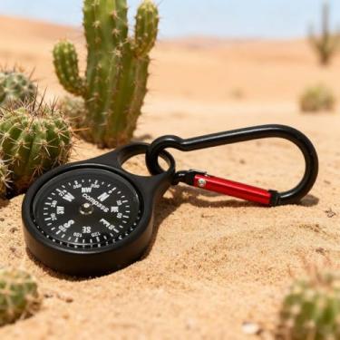 Imagem de Chaveiro com mosquetão e bússola de metal portátil, bússola de sobrevivência com anel graduado para caminhadas, acampamento ao ar livre