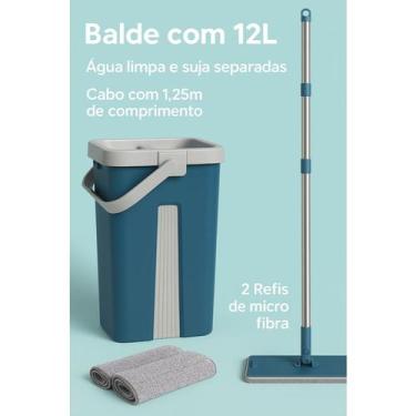 Imagem de Flat Mop + 2 Refis Esfregão Com Balde Rodo Mágico Lava Seca Tira Pó - 
