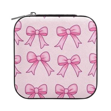 Imagem de SEHANY Caixa de joias personalizada com laço rosa para mulheres, meninas, mini estojo de joias de couro PU, organizador de joias de viagem, caixa de joias para brincos, anéis, colares, presentes para