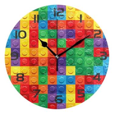 Imagem de GakkiGii Blocos de construção coloridos relógio de parede silencioso sem tique-taque, relógio moderno operado por bateria para escritório em casa, cozinha, quarto - fácil de ler