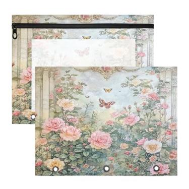 Imagem de SEHANY Pasta de lápis de flores de jardim com 3 anéis - bolsa de documentos com zíper tamanho A4 com janela transparente para sala de aula, escritório, 2 peças