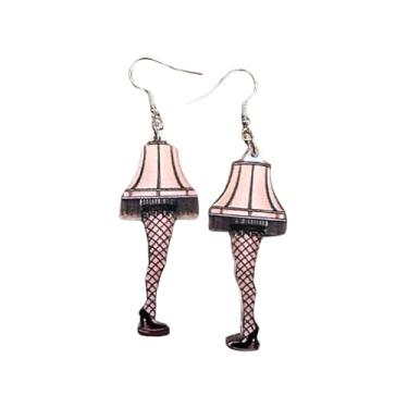 Imagem de Brincos pendentes de lâmpada de perna estilo vintage, design de meia arrastão decorativo, joia preta e rosa da história de Natal