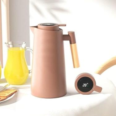 Imagem de Garrafa Térmica Inteligente 1L com Termômetro Digital LED e Cabo de Madeira - Design Nórdico, Para Café e Chá, Abertura por Botão - Presente Sofisticado(MARROM)