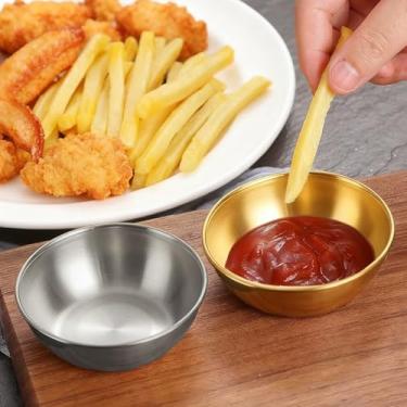 Imagem de 2 peças de copo de molho de aço inoxidável 304 reutilizável mini salada molho de tomate prato de molho de piquenique ao ar livre utensílio de cozinha, 8,2 * 3 cm (ouro + prata)