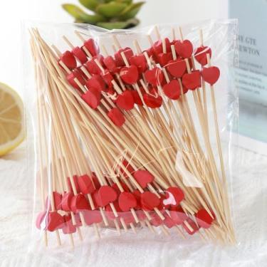Imagem de 100 palitos de coquetel de coração, palitos de bambu de coração de 12 cm para aperitivos, espetos de dia dos namorados, palitos decorativos de frutas (vermelho)
