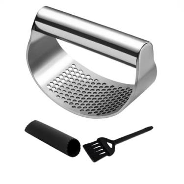 Imagem de Angel's Peel Lounge Conjunto de espremedor de alho de aço inoxidável com descascador de alho de silicone e escova de limpeza – Cortador de alho, picador, ralador, triturador (aço inoxidável)