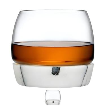 Imagem de Copo de uísque NUDE com base de mármore – Vidro de pedras de uísque de cristal sem chumbo de 290 g, feito à mão, base de mármore de retenção de temperatura, sem necessidade de gelo – Vidro de bar de