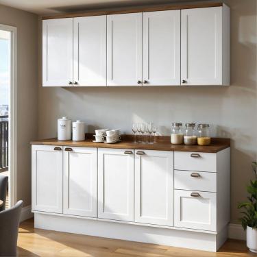 Imagem de Cozinha Modulada 4 Peças com 2 Aéreos e 2 Balcões 100% Mdf Portas Internacionais Provençal Iluminata Branco/Ébano