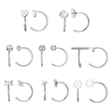 Imagem de 8 pares de brincos de meia argola de aço inoxidável | Brincos de argola | Brinco de costas nuas para mulheres - prata, zircão, pérola, coração, estrela, bar, bola, bolinhas