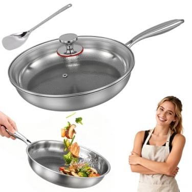 Imagem de Gugxiom Panela martelada de titânio profissional para cozinhar, panela de titânio com tampa, panelas de aço inoxidável antiaderente, aquecimento uniforme para cozinhar (30 cm)