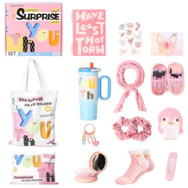 Imagem de Joyvella Presente de aniversário para meninas adolescentes: conjunto de presente de 14 peças para mulheres, cestas de presente rosa dopamina ideais para filha, amiga e irmã, ideal para presentes de