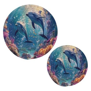 Imagem de Wassud Conjunto engraçado de trivet de golfinho para pratos quentes, suportes redondos de algodão, almofadas quentes, porta-copos elegantes, decoração de cozinha e acessórios, 2 peças