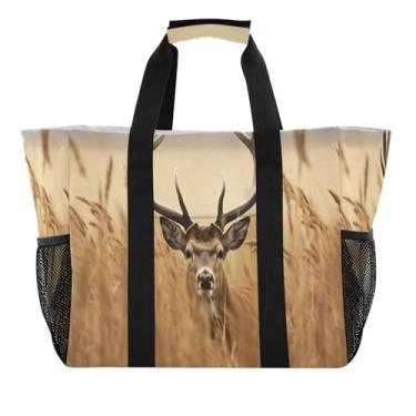 Imagem de Wassud Bolsa de compras reutilizável de veado em pé na grama grande bolsa organizadora de lona impermeável para praia, piquenique, lavanderia, viagem