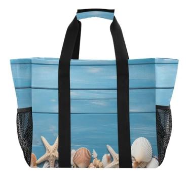 Imagem de Wassud Sacolas de compras reutilizáveis de madeira azul com estrela do mar grande bolsa organizadora de lona impermeável para praia, piquenique, lavanderia, viagem
